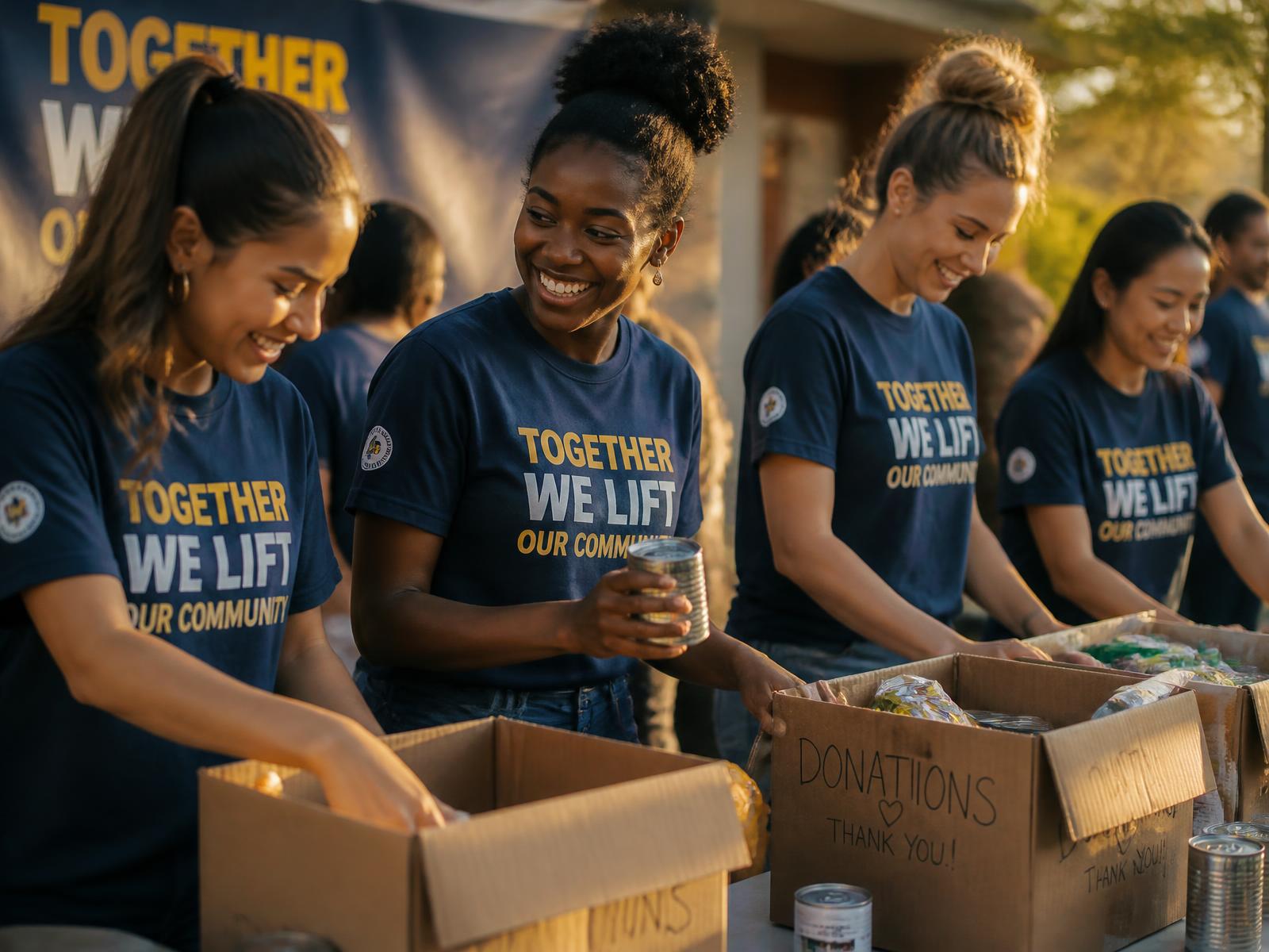 Sorority members packing donation boxes together at a community service event